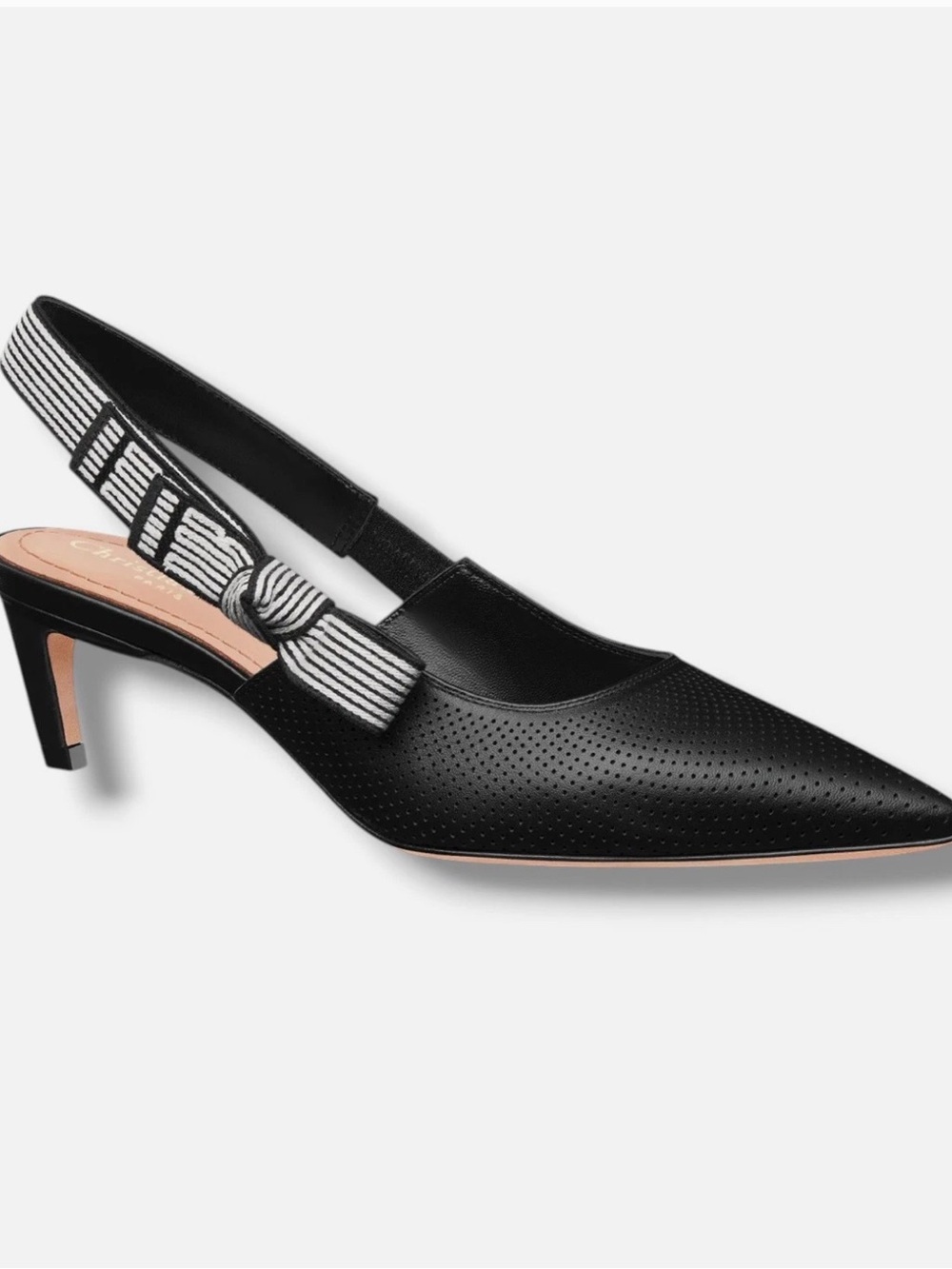 Dior Black Pointed Perforated Slingback Kitten Heel with Striped Bow Strap